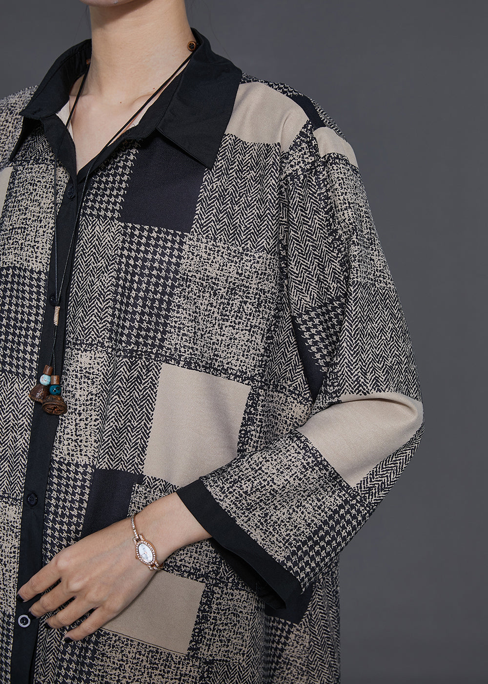 Khaki Plaid Patchwork Chiffon Shirts Spring