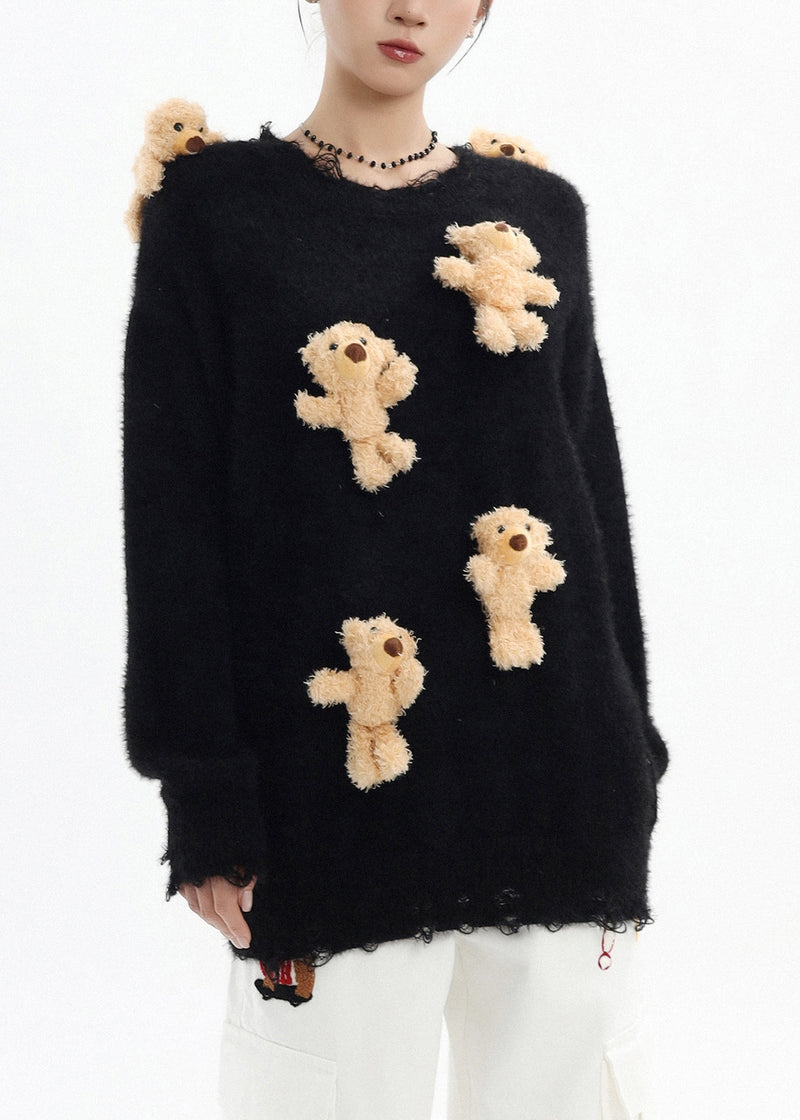 Stylish Black Oversized Bear Ripped Knitted Tops Winter