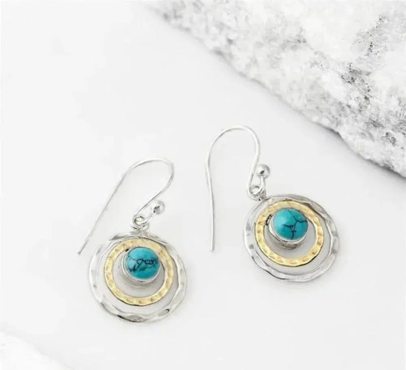 Saturn Earrings With Turquoise Stone in Silver and Gold