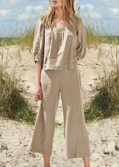 Style Khaki Square Collar Top and Crop Pants Two Pieces Set Half Sleeve