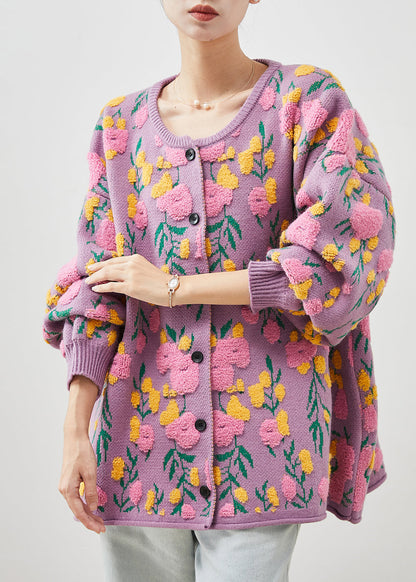 French Pink O-neck Jacquard Knit Cardigans Winter