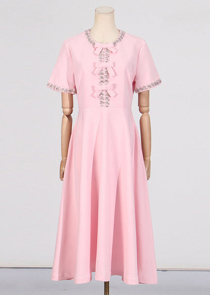 Pink O Neck Zircon Bow Cotton Long Dress Summer