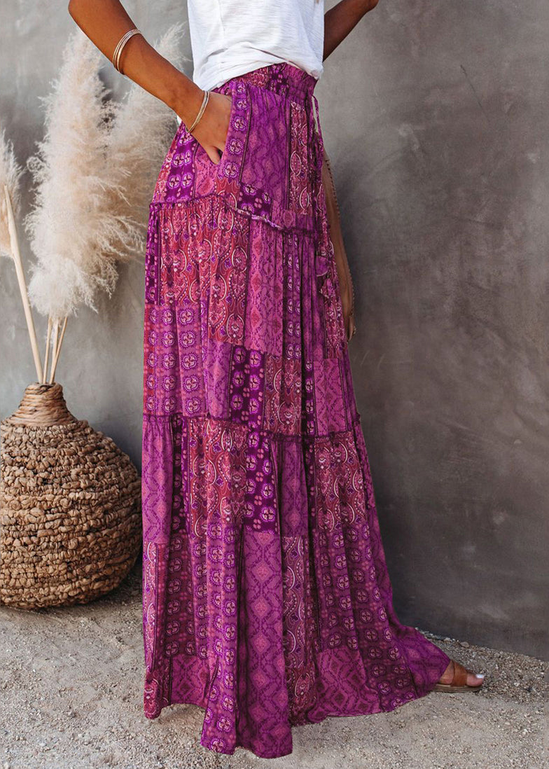 Purple Print Ruffled Patchwork a Line Skirt