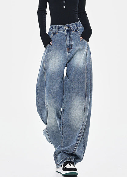 Blue Pockets Patchwork High Waist Denim Pants Spring