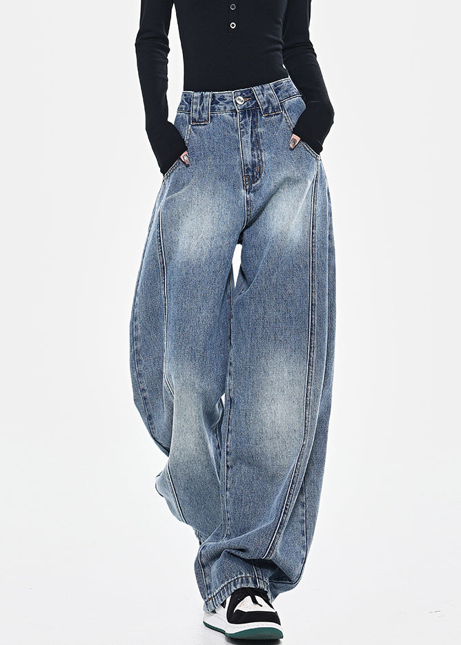 Blue Pockets Patchwork High Waist Denim Pants Spring