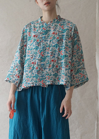 Blue Button Print Linen Shirts Bracelet Sleeve