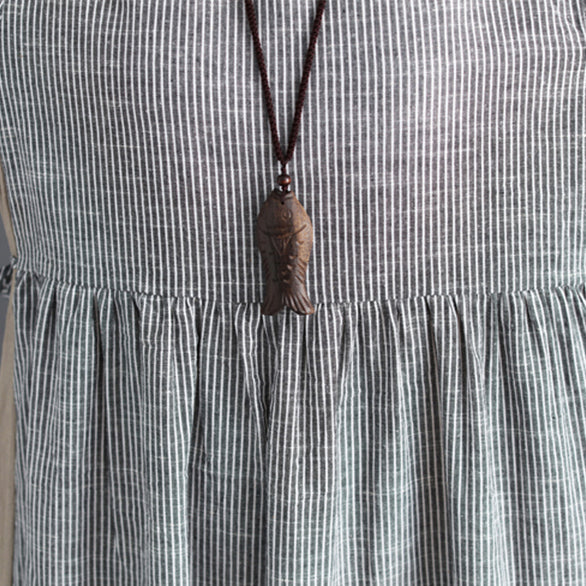 Striped Midi Cotton Linen Dresses Traveling Dress Short Sleeve Tie Waist V Neck Cotton Linen Clothing