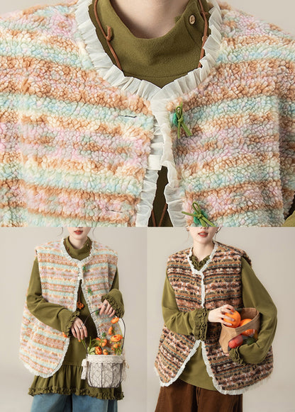 Coffee Patchwork Button Faux Fur Waistcoat Sleeveless