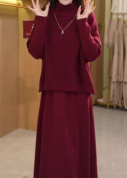 Art Mulberry Turtleneck Cotton Knit Top and Wide Leg Pants Two Piece Set Winter