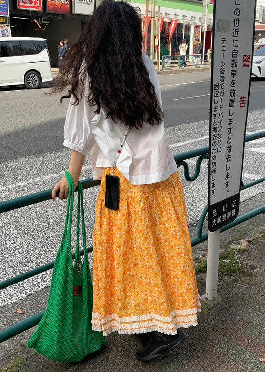 Yellow Print Lace Patchwork Cotton Skirt Summer