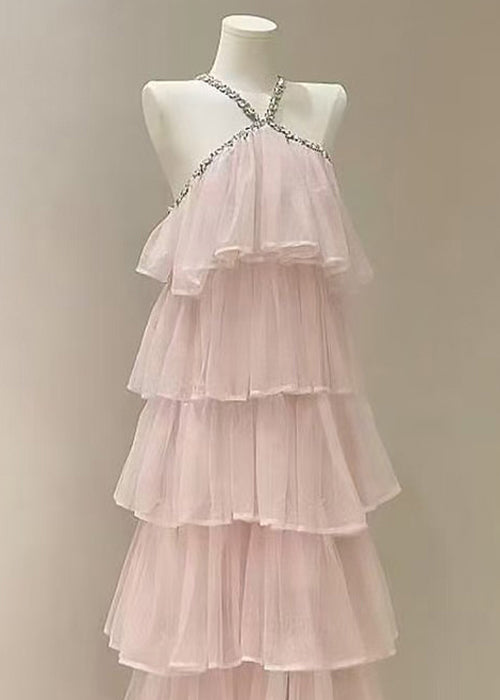 Pink Zircon High Waist Tulle Long Dress Sleeveless