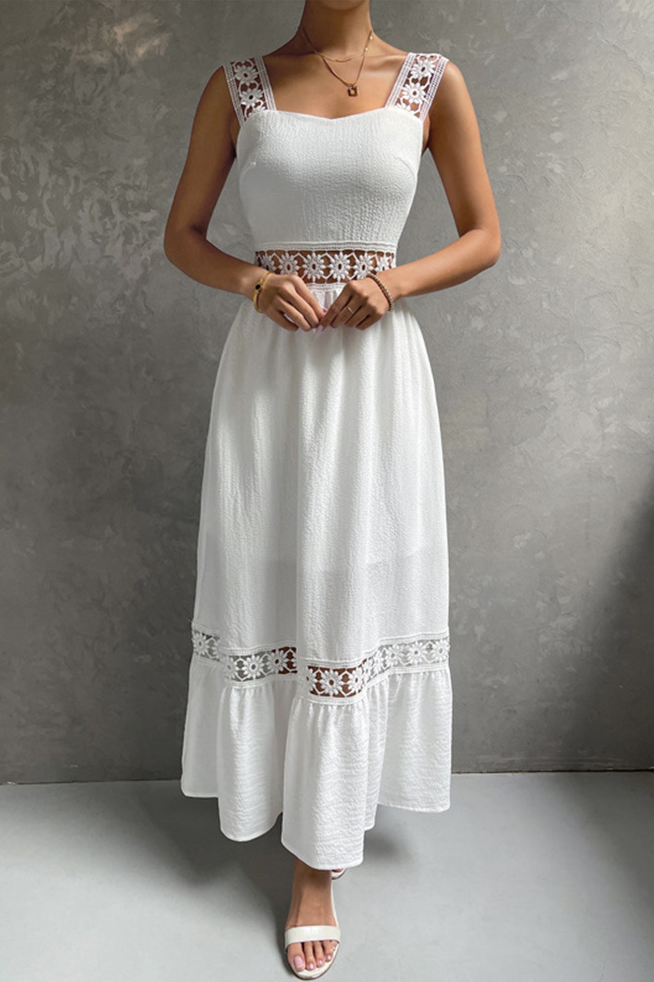 Jacquard Hollow Out Tiered Midi Dress