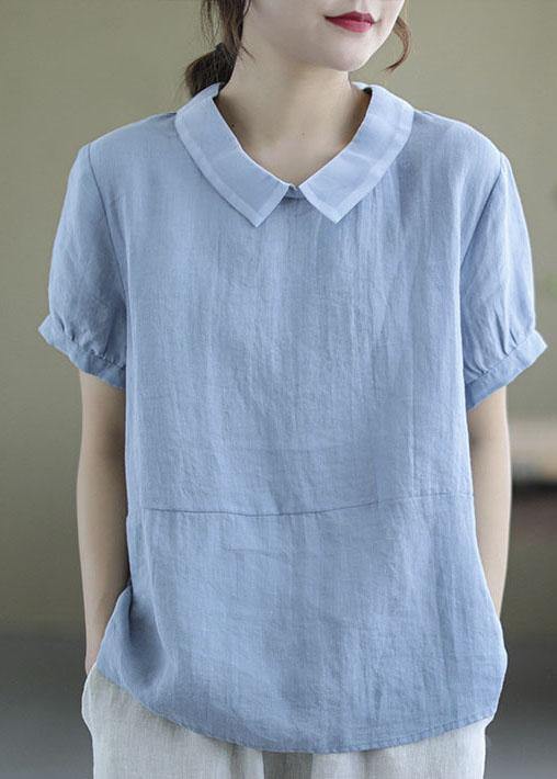 Pink Peter Pan Collar Patchwork Summer Ramie Shirts Short Sleeve