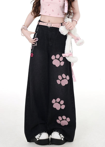 Modern Black Embroidered Pockets High Waist Denim Wide Leg Pants Fall