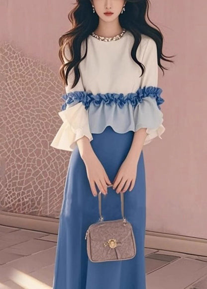 New Apricot Ruffled Tops and Blue Skirts Cotton Two Piece Set Fall