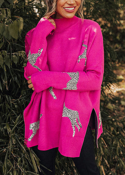 Rose Hign Neck Side Open Knit Sweaters Batwing Sleeve