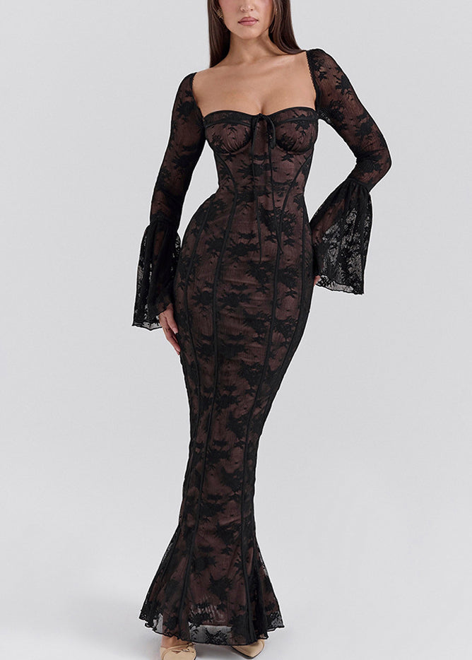 Slim Fit White Square Collar Backless Lace Long Dresses Flare Sleeve