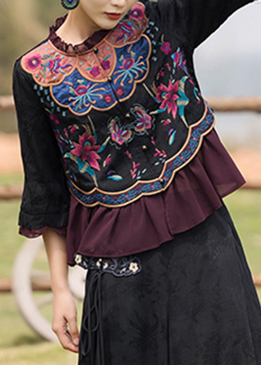 Black O-neck Embroidered Ruffled Chiffon Tops Long Sleeve