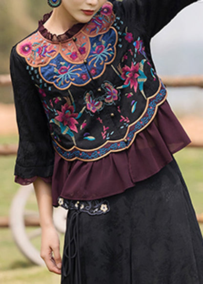Black O-neck Embroidered Ruffled Chiffon Tops Long Sleeve