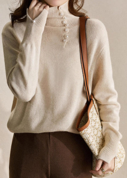 Blue Turtleneck Pearl Patchwork Cozy Cotton Knit Sweater Spring