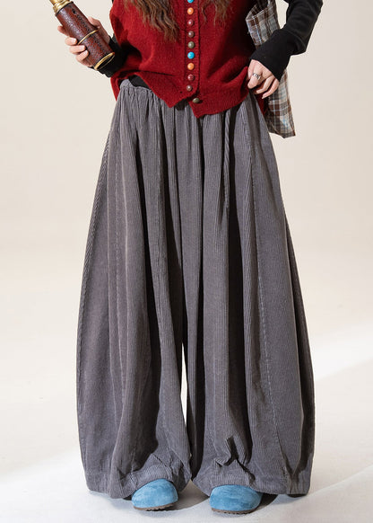 Black Elastic Waist Corduroy Wide Leg Pants Fall