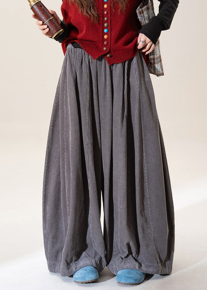 Black Elastic Waist Corduroy Wide Leg Pants Fall