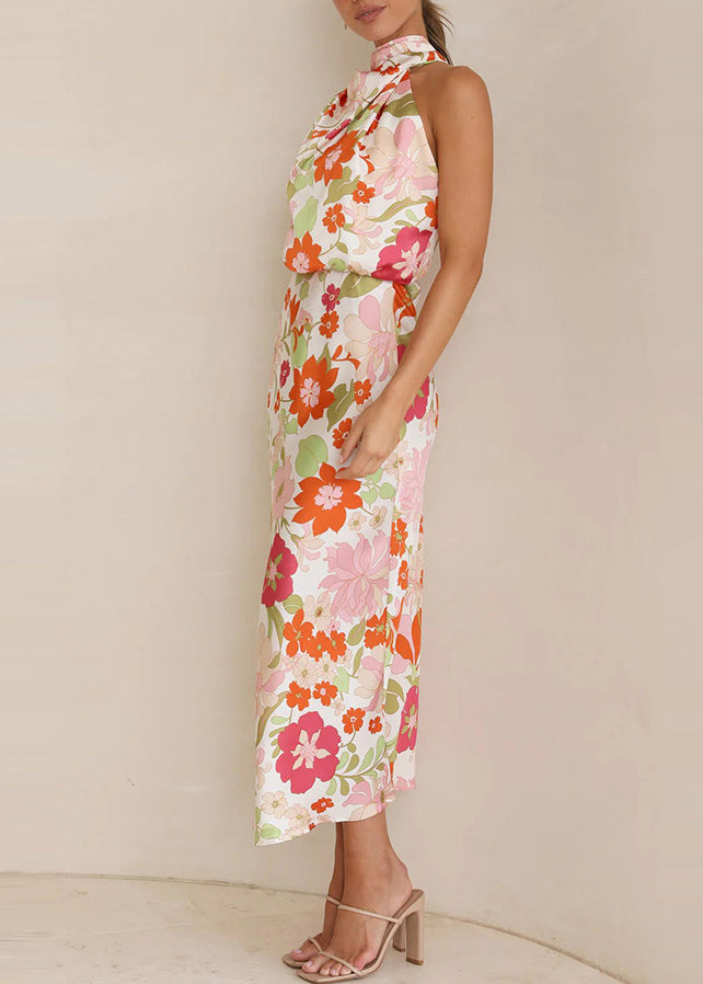 French Orange Print Lace Up Silk Dress Sleeveless