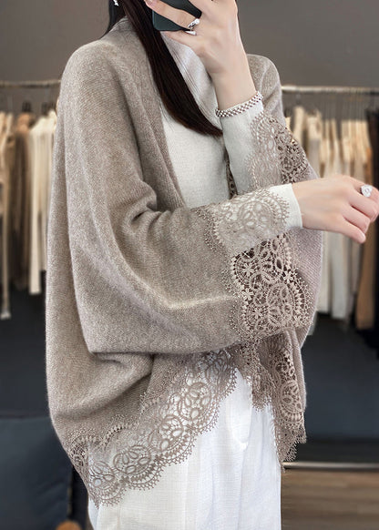 Camel V Neck Hollow Out Lace Woolen Cardigans Batwing Sleeve