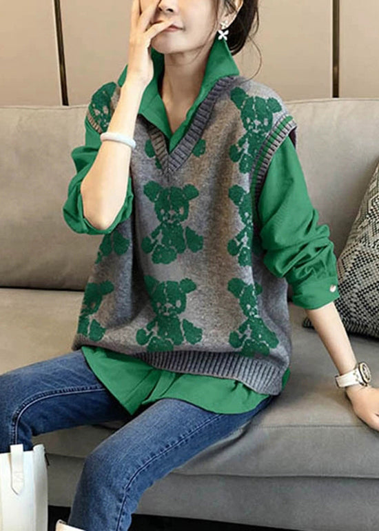 Green Knitted Vest Shirt Age Reducing Two Piece Set Autumn New