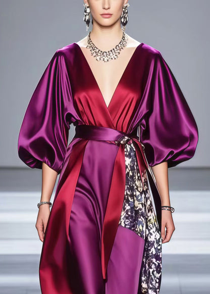 Purple Asymmetrical Patchwork Silk Dresses Lantern Sleeve