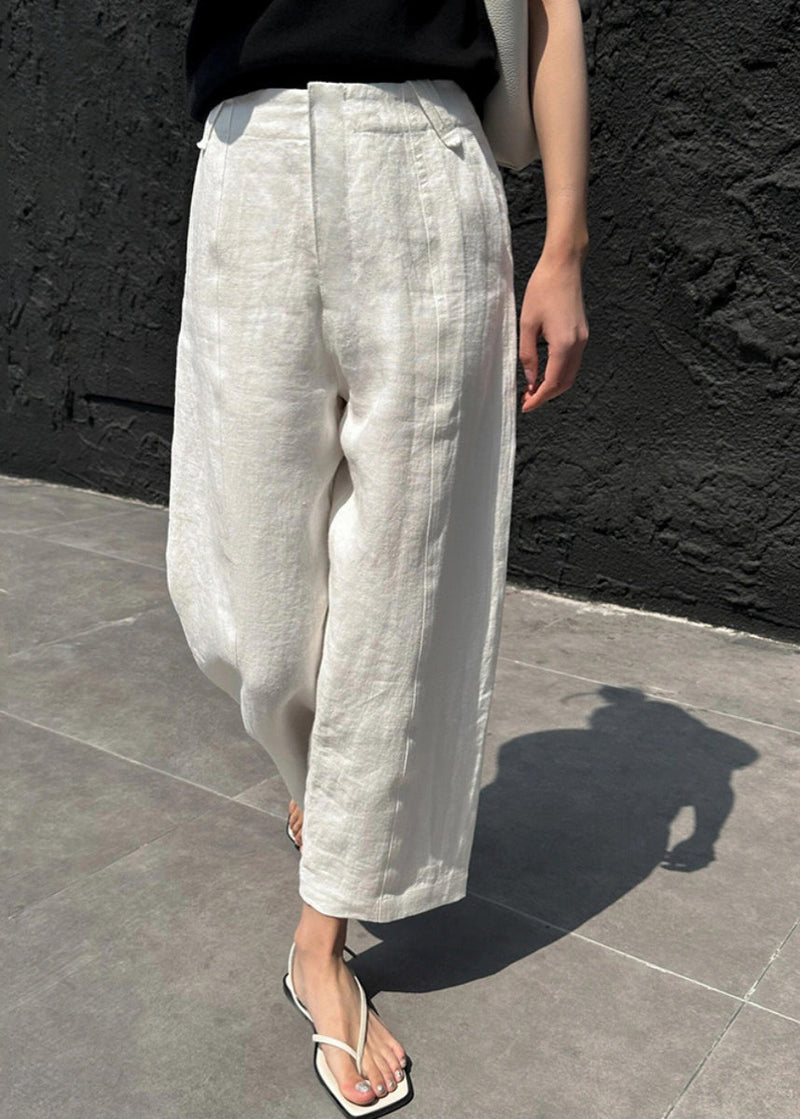 White Patchwork Pockets High Waist Linen Crop Pants Summer