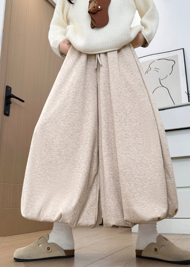 Oatmeal Elastic Waist Cotton Wide Leg Pants Pockets