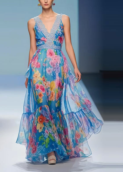 Diy Blue Print Exra Large Hem Chiffon Holiday Dresses Summer
