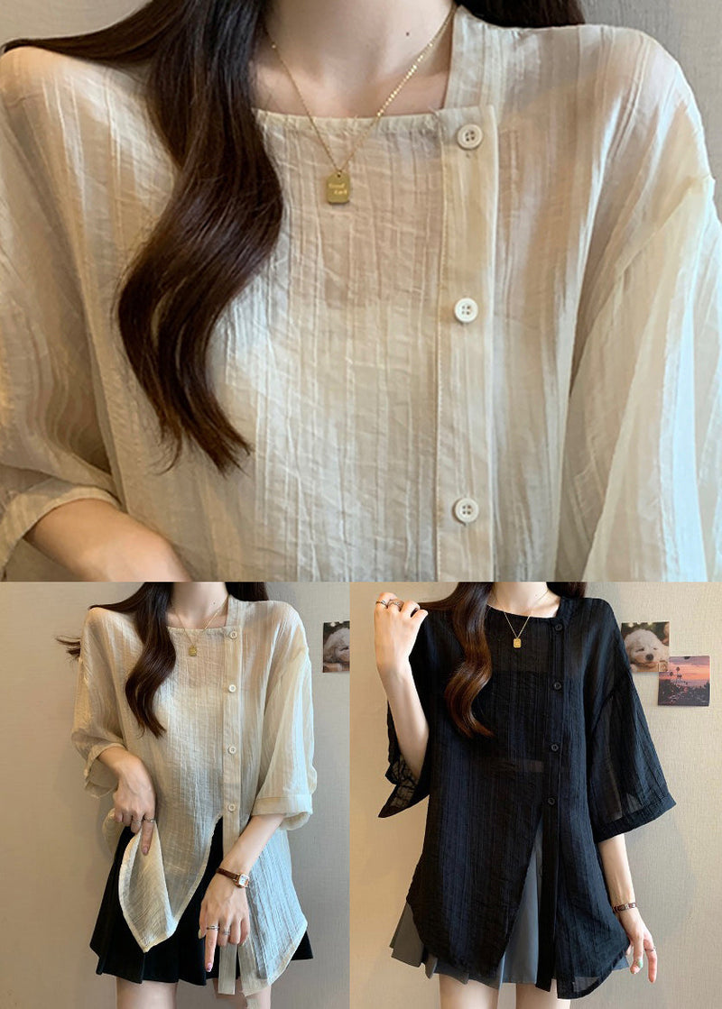 Apricot Square Collar Button Chiffon Shirt Bracelet Sleeve
