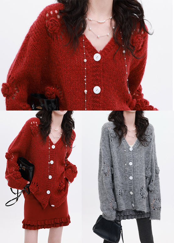 Red Oversized Decorated Knit Cardigan Winter