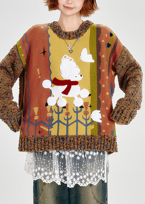 Brown Oversized Patchwork Thick Knit Sweater Winter