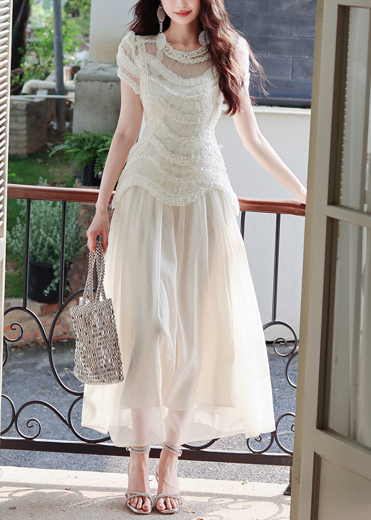 Slim Fit Beige Original Design Tulle Long Dress Summer