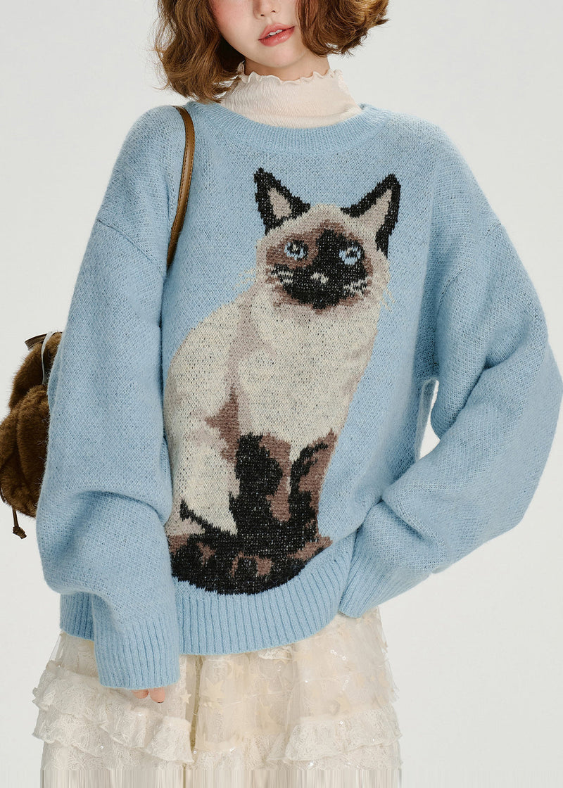 Blue Oversized Dog Jacquard Knit Sweater Tops Winter