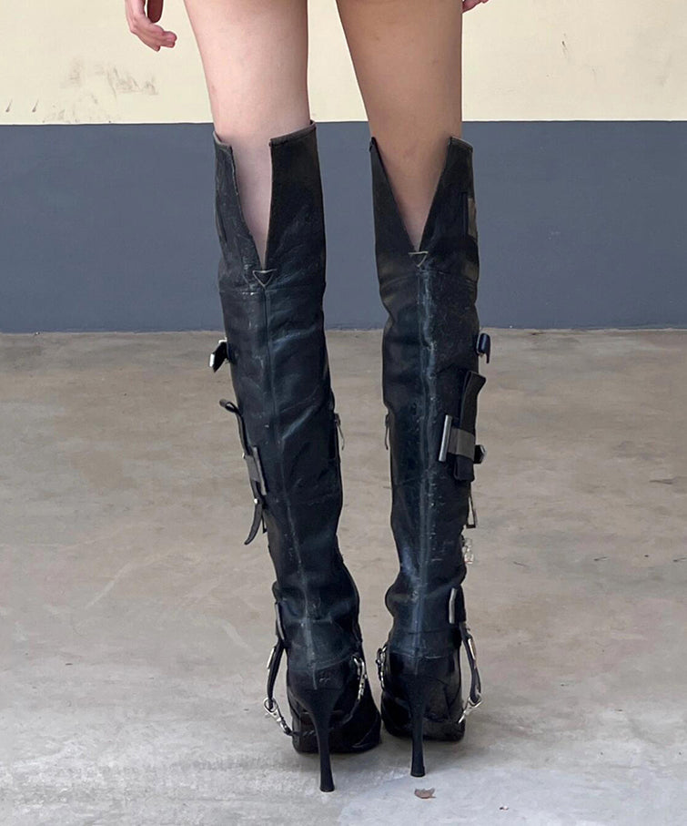 European and American Pointed Belt Buckle High Heeled Boots