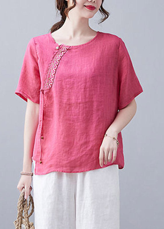 French Rose O-neck Embroidered Linen T Shirt Short Sleeve