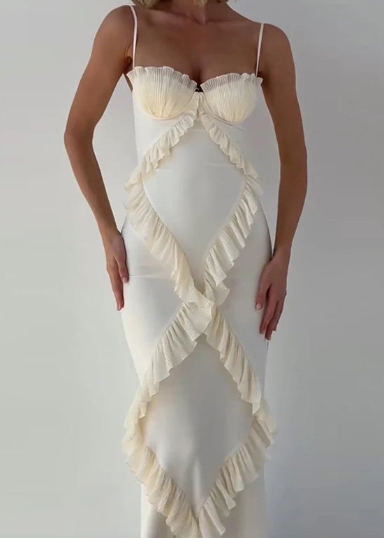 White Ruffled Patchwork Cotton Spaghetti Strap Dress Summer