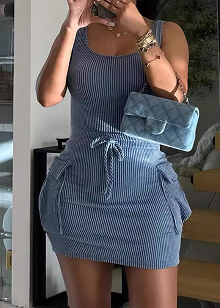 Blue O Neck Pockets Patchwork Cotton Dresses Sleeveless