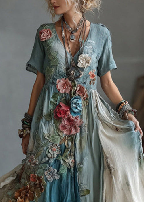 Unique Blue V Neck Tie Dye Cotton Maxi Dress Summer