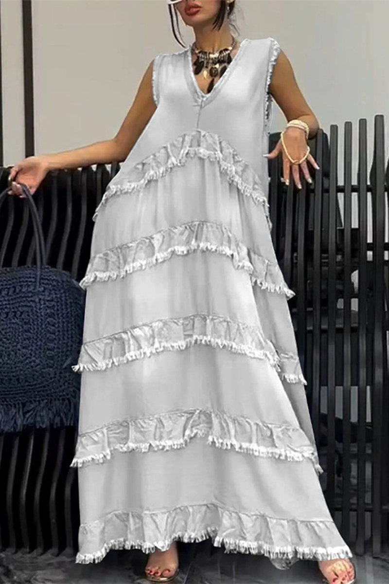 Color Distressed Ruffle V Neck Sleeveless Loose Denim Dresses(4 Colors)