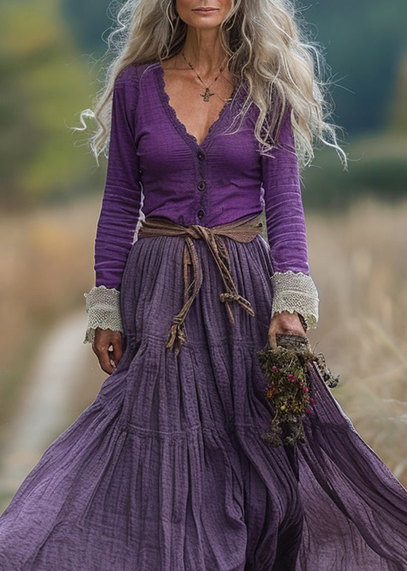 Purple V Neck Wrinkled Patchwork Cotton Robe Dresses Spring