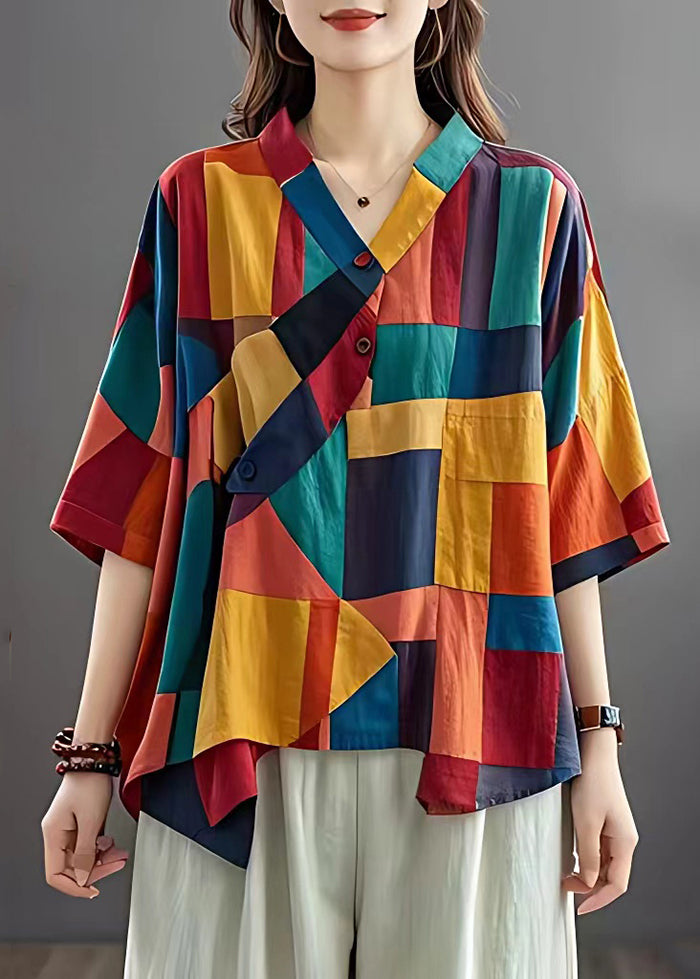 Colorblock Asymmetrical Patchwork Applique Linen Top Summer