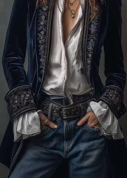 Navy Print Patchwork Velvet Coats Fall