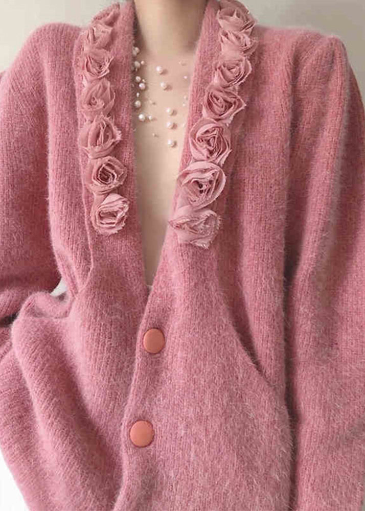 Pink V Neck Button Patchwork Knitted Cotton Coat Fall