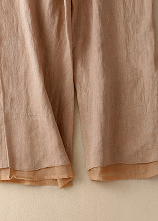 Khaki Pockets Elastic Waist Linen Crop Pants Summer