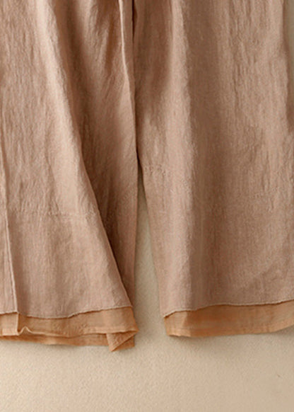 Khaki Pockets Elastic Waist Linen Crop Pants Summer